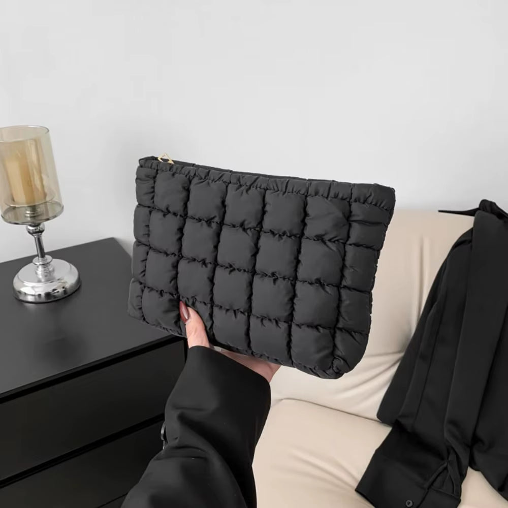 Elegant Puffy Quilted Padded Makeup Bag Zipper Handbag Cotton Clutch Bag Storage Bag Solid Color Cosmetic Bag Lady