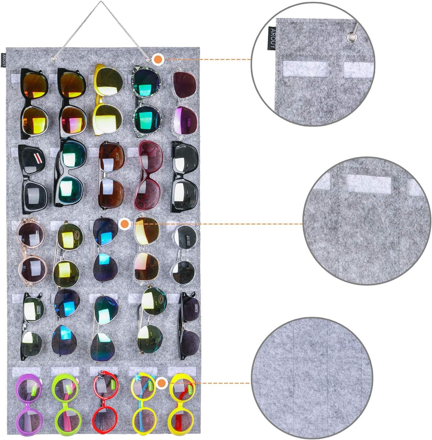Sunglasses Organizer Storage, Hanging Wall Pocket Glasses Organizer - 25 Felt Slots Sunglass Organizer Holder Eyeglass Display with Sturdy Rope (Gray, Large)