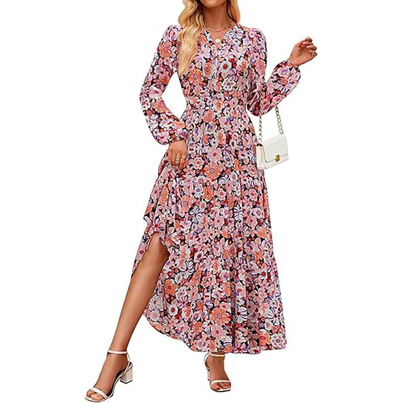 ZESICA Women'S 2025 Fall Long Sleeve Maxi Dress Floral Print V Neck Empire Waist a Flowy Boho Casual Party Dresses