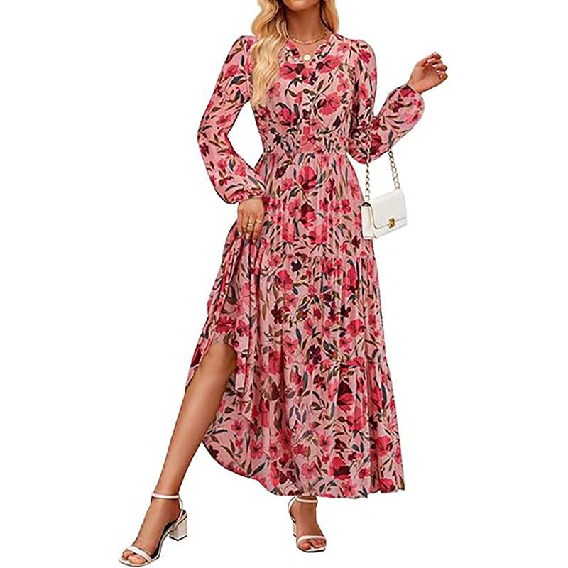 ZESICA Women'S 2025 Fall Long Sleeve Maxi Dress Floral Print V Neck Empire Waist a Flowy Boho Casual Party Dresses