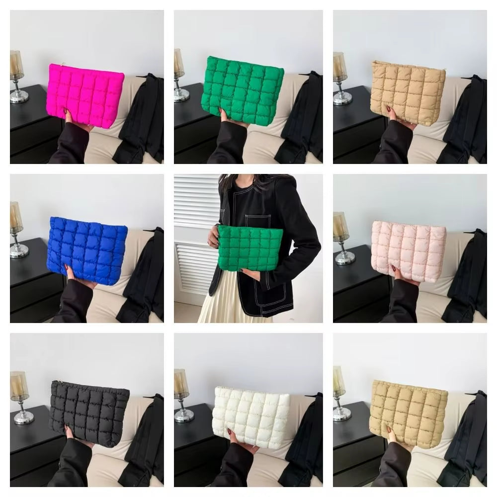 Elegant Puffy Quilted Padded Makeup Bag Zipper Handbag Cotton Clutch Bag Storage Bag Solid Color Cosmetic Bag Lady