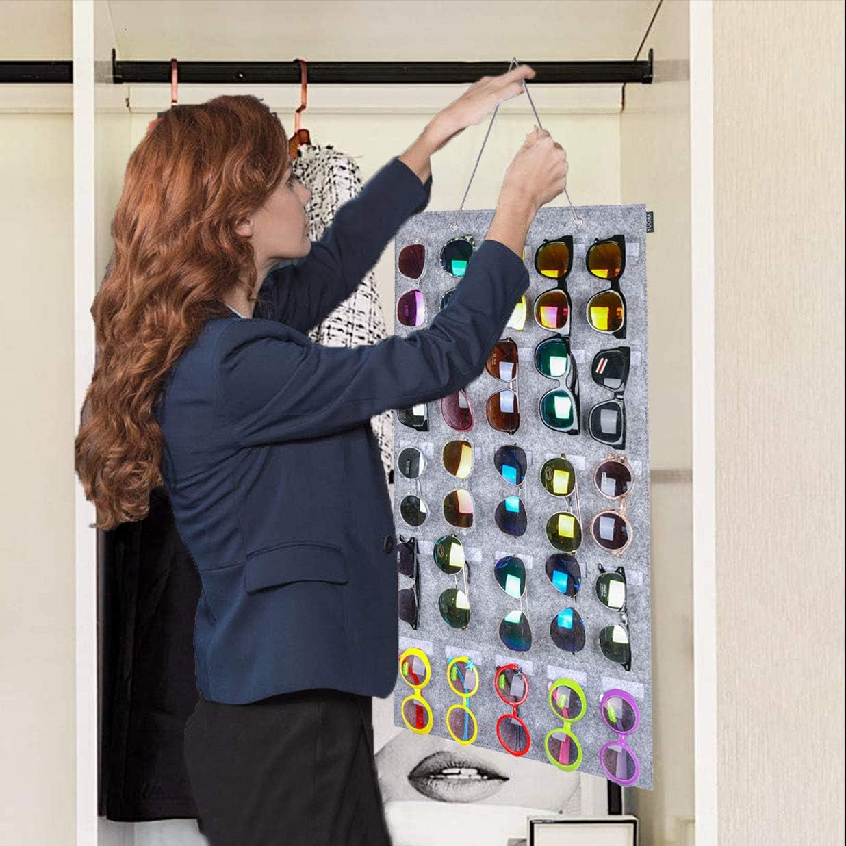 Sunglasses Organizer Storage, Hanging Wall Pocket Glasses Organizer - 25 Felt Slots Sunglass Organizer Holder Eyeglass Display with Sturdy Rope (Gray, Large)