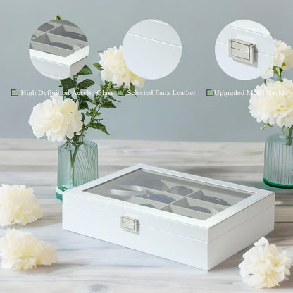 8-Slots Eyeglass Sunglass Glasses Organizer Collector - Faux Leather Storage Case Box for Men Women'S Glasses, White