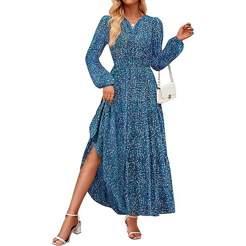 ZESICA Women'S 2025 Fall Long Sleeve Maxi Dress Floral Print V Neck Empire Waist a Flowy Boho Casual Party Dresses