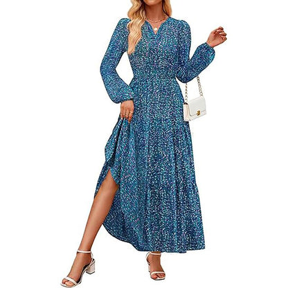 ZESICA Women'S 2025 Fall Long Sleeve Maxi Dress Floral Print V Neck Empire Waist a Flowy Boho Casual Party Dresses