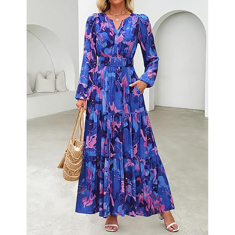 ZESICA Women'S 2025 Fall Long Sleeve Maxi Dress Floral Print V Neck Empire Waist a Flowy Boho Casual Party Dresses