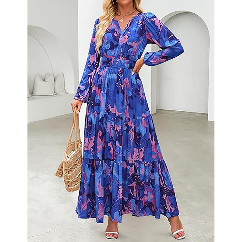 ZESICA Women'S 2025 Fall Long Sleeve Maxi Dress Floral Print V Neck Empire Waist a Flowy Boho Casual Party Dresses