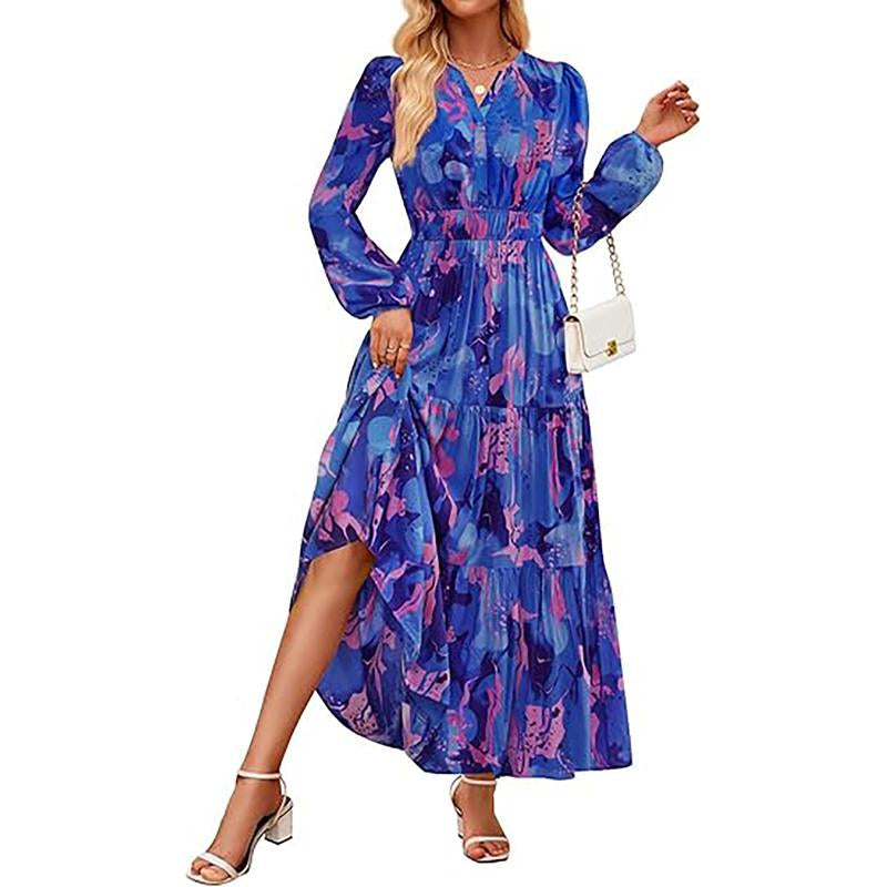 ZESICA Women'S 2025 Fall Long Sleeve Maxi Dress Floral Print V Neck Empire Waist a Flowy Boho Casual Party Dresses
