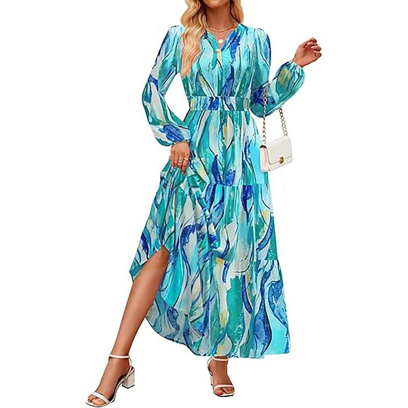 ZESICA Women'S 2025 Fall Long Sleeve Maxi Dress Floral Print V Neck Empire Waist a Flowy Boho Casual Party Dresses