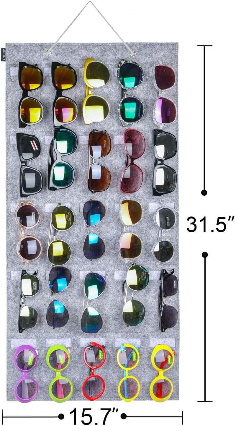 Sunglasses Organizer Storage, Hanging Wall Pocket Glasses Organizer - 25 Felt Slots Sunglass Organizer Holder Eyeglass Display with Sturdy Rope (Gray, Large)