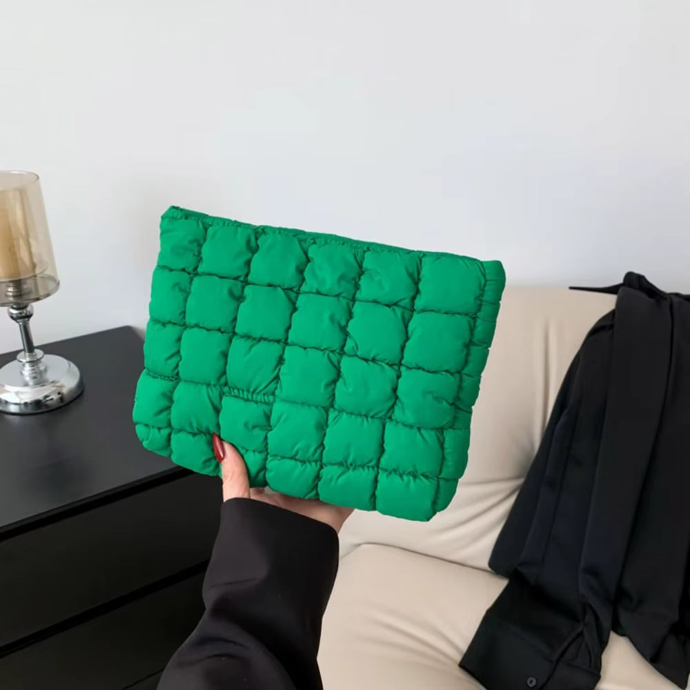 Elegant Puffy Quilted Padded Makeup Bag Zipper Handbag Cotton Clutch Bag Storage Bag Solid Color Cosmetic Bag Lady