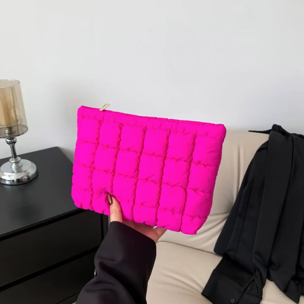 Elegant Puffy Quilted Padded Makeup Bag Zipper Handbag Cotton Clutch Bag Storage Bag Solid Color Cosmetic Bag Lady