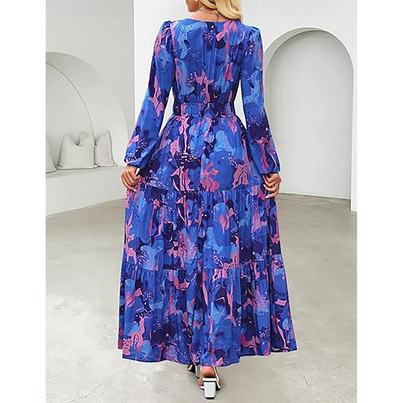 ZESICA Women'S 2025 Fall Long Sleeve Maxi Dress Floral Print V Neck Empire Waist a Flowy Boho Casual Party Dresses