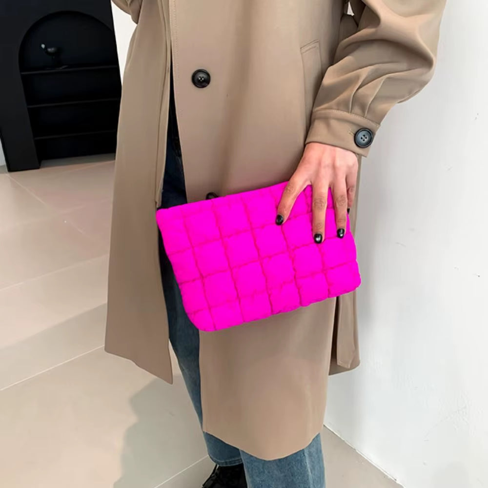 Elegant Puffy Quilted Padded Makeup Bag Zipper Handbag Cotton Clutch Bag Storage Bag Solid Color Cosmetic Bag Lady