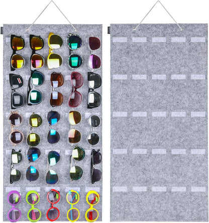 Sunglasses Organizer Storage, Hanging Wall Pocket Glasses Organizer - 25 Felt Slots Sunglass Organizer Holder Eyeglass Display with Sturdy Rope (Gray, Large)