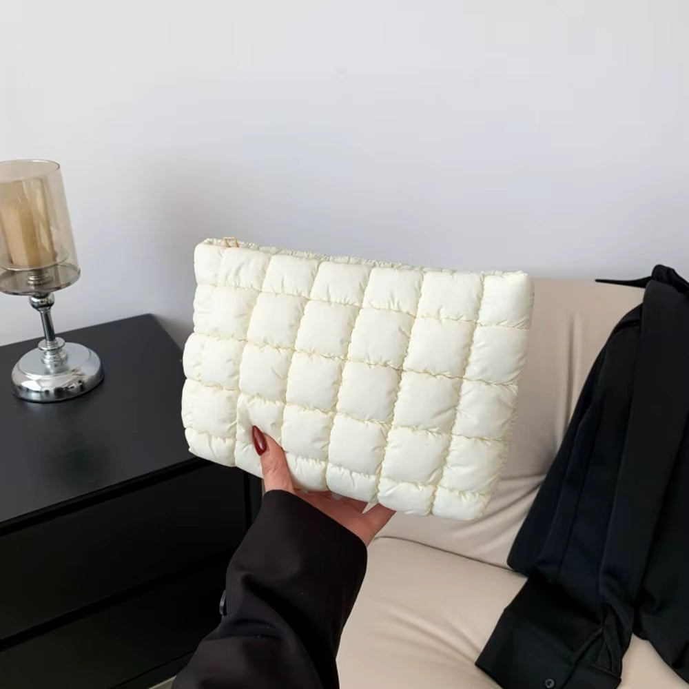Elegant Puffy Quilted Padded Makeup Bag Zipper Handbag Cotton Clutch Bag Storage Bag Solid Color Cosmetic Bag Lady
