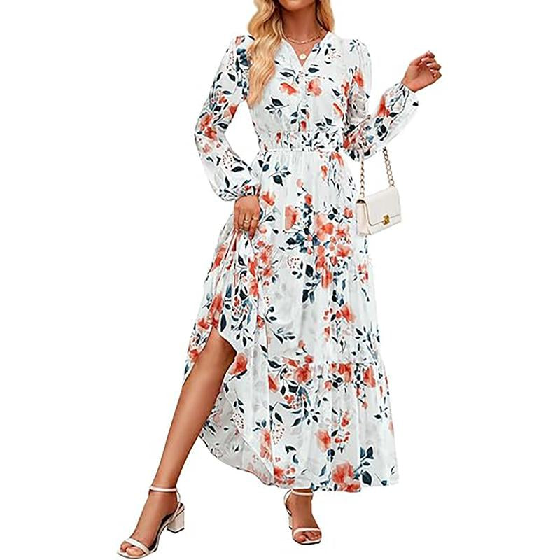 ZESICA Women'S 2025 Fall Long Sleeve Maxi Dress Floral Print V Neck Empire Waist a Flowy Boho Casual Party Dresses