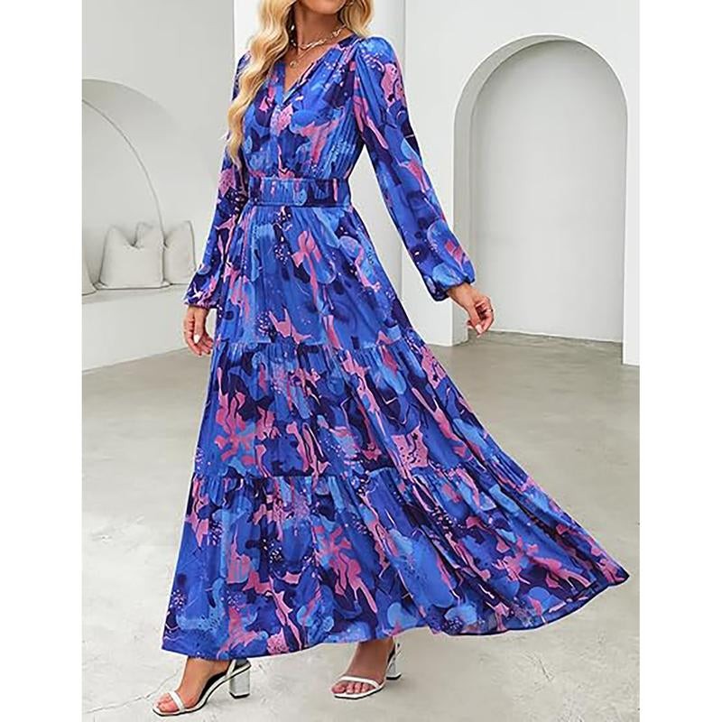 ZESICA Women'S 2025 Fall Long Sleeve Maxi Dress Floral Print V Neck Empire Waist a Flowy Boho Casual Party Dresses