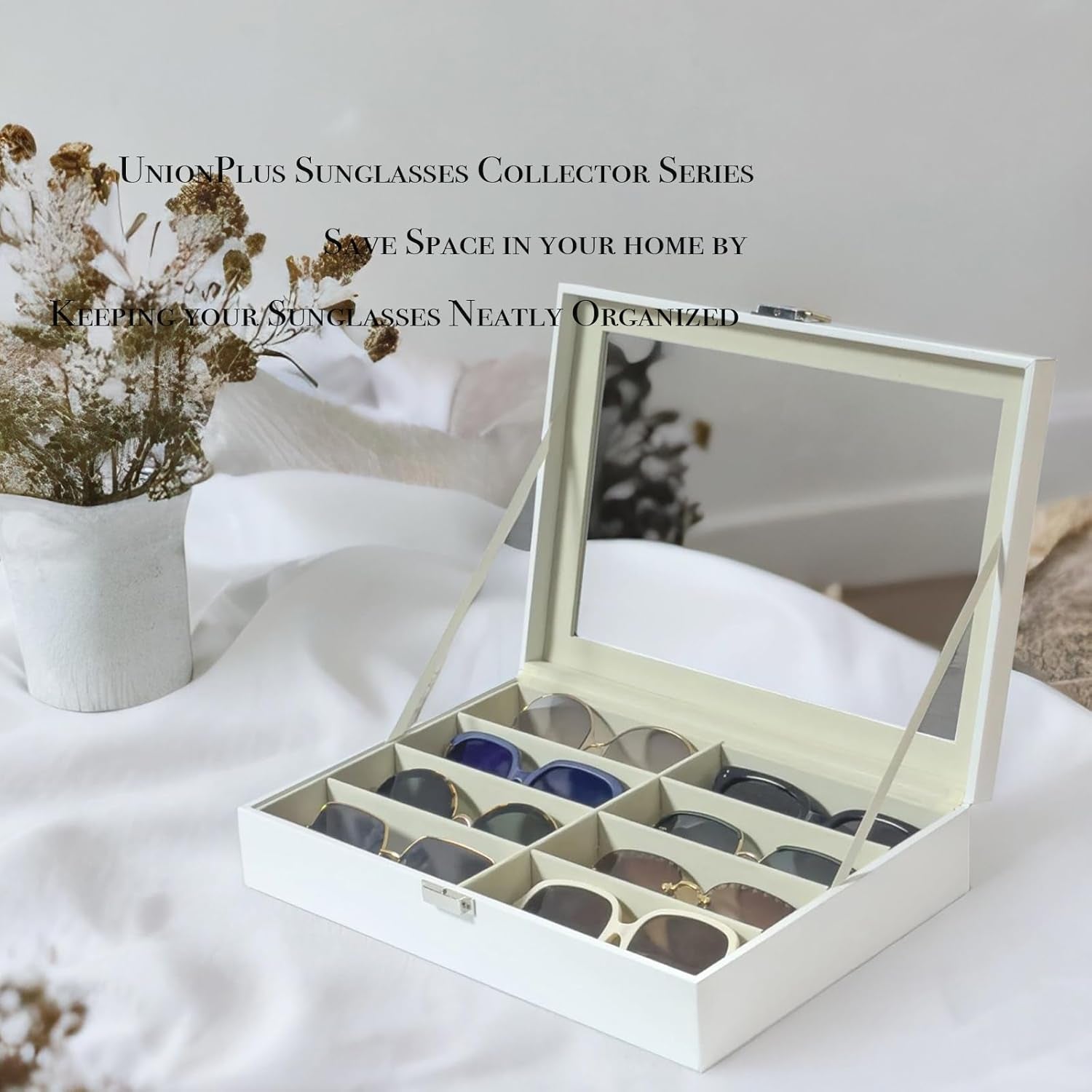 8-Slots Eyeglass Sunglass Glasses Organizer Collector - Faux Leather Storage Case Box for Men Women'S Glasses, White