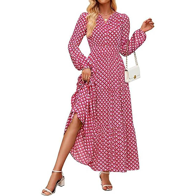 ZESICA Women'S 2025 Fall Long Sleeve Maxi Dress Floral Print V Neck Empire Waist a Flowy Boho Casual Party Dresses
