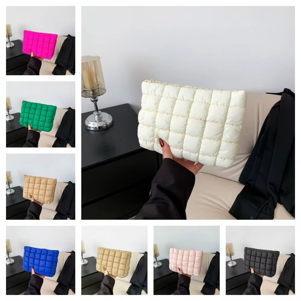Elegant Puffy Quilted Padded Makeup Bag Zipper Handbag Cotton Clutch Bag Storage Bag Solid Color Cosmetic Bag Lady