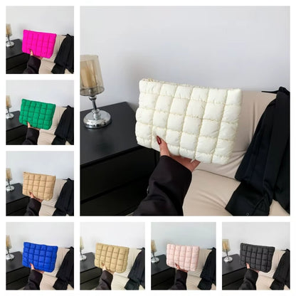 Elegant Puffy Quilted Padded Makeup Bag Zipper Handbag Cotton Clutch Bag Storage Bag Solid Color Cosmetic Bag Lady