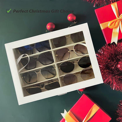 8-Slots Eyeglass Sunglass Glasses Organizer Collector - Faux Leather Storage Case Box for Men Women'S Glasses, White